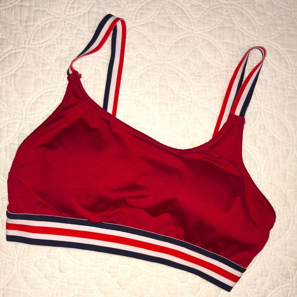 Bozzolo Size M Sports Bra Color red with red, white, & Blue striped elastic